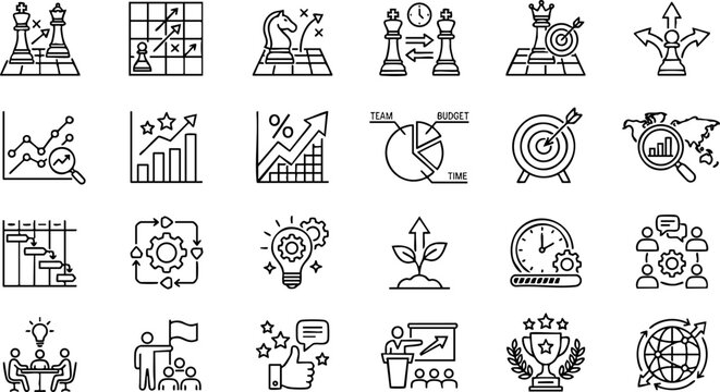 Hand drawn business and finance data analysis icons with charts graphs statistics and performance report visualization, business