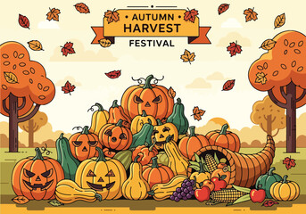 Colorful autumn harvest scene with pumpkins and fruits © Jinbe