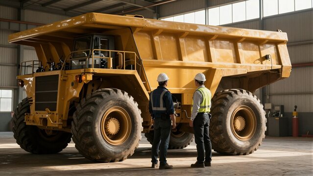 Two engineers in safety gear discuss a large yellow mining dump truck inside an industrial warehouse with soft focus background.
