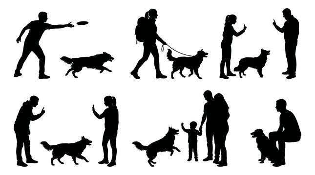 Active border collie dog vector silhouettes with owners playing flying disc, walking, and training together for pet lifestyle design