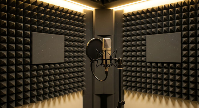 Studio microphone with shock mount positioned in a soundproofed recording booth with acoustic foam panels