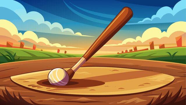Baseball bat and ball on a baseball field cartoon