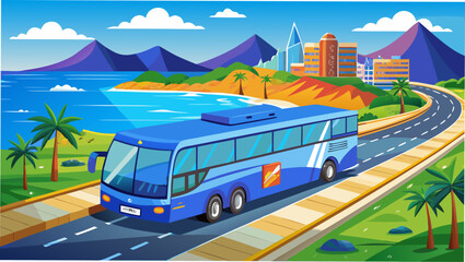 A blue bus driving on a coastal road trip view © Devili