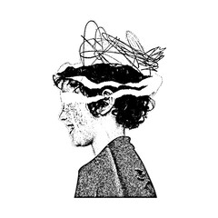 Surreal artistic profile portrait of a woman with a tangled scribble mind portrait scribble abstract illustration creative psychology complexity expression monochrome introspective symbolic © JohnStock12