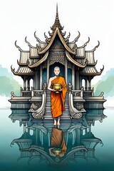 Obraz premium Buddhist Monk Holding Alms Bowl in Front of Temple