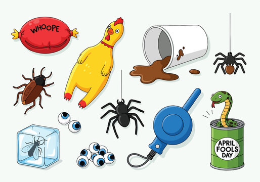 A playful cartoon illustration depicting various prank items and creatures