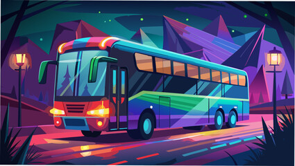 Illustration of a bus at night with mountains © Devili
