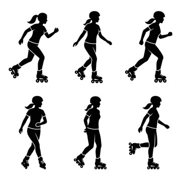 Set of roller skating women silhouettes