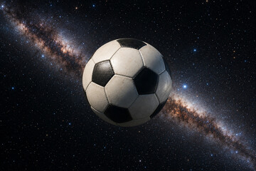 Naklejka premium Soccer ball floating in the Milky Way during a cosmic event conceptual and symbolic
