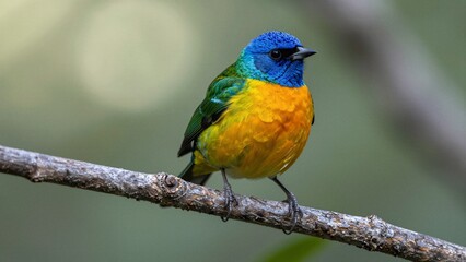 Fototapeta premium A vibrant painted bunting perches on a branch against a soft focus background.