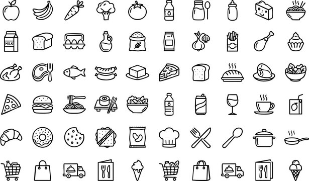Grocery shopping and food industry icons with shopping supermarket products delivery nutrition ingredients