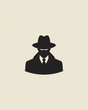 Black silhouette icon of a mysterious man wearing a classic fedora hat and trench coat