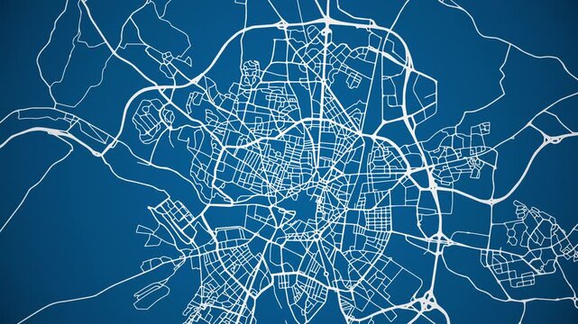 Ink reveal animation of Dijon, C&ocirc;te-d'Or, Bourgogne Franche Comt&eacute;, France grid map. Aerial top view. Blueprint style. White lines with blue background. 4K Seamless loop.