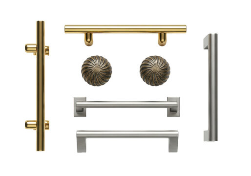 six metal cabinet hardware pieces (brass pulls, bronze knobs, steel handles) organized on a transparent background in a 3x2 grid, high-key macro photorealism. concept of high-quality interior