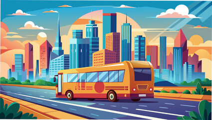 Illustration of bus on road with city background © Devili
