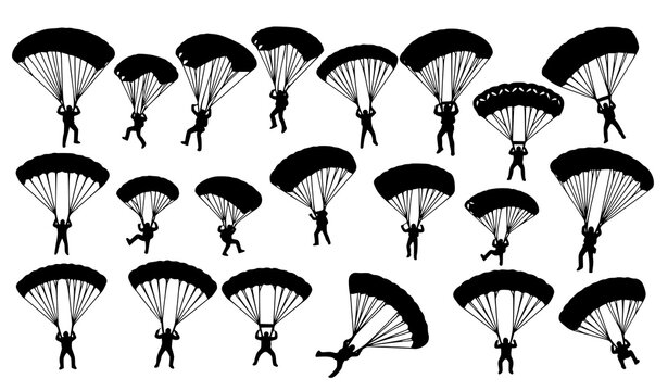 Parachuting Silhouettes Collection with Skydivers Freefall Jumpers and Parachute Canopies Vector