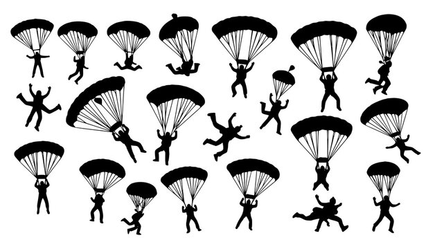 Parachute Jumping Silhouette Bundle Featuring Skydivers in Various Aerial and Landing Positions