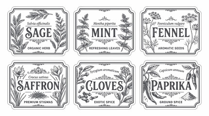Vintage botanical herb and spice label collection with sketches © Berlin