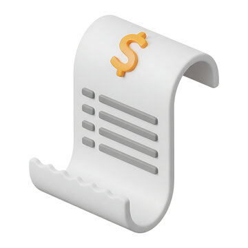 3D receipt scroll with dollar sign, billing and payment document icon, glossy render for finance, invoice, and expense tracking apps