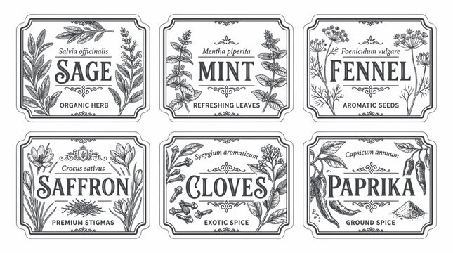 Vintage botanical herb and spice label collection with sketches
