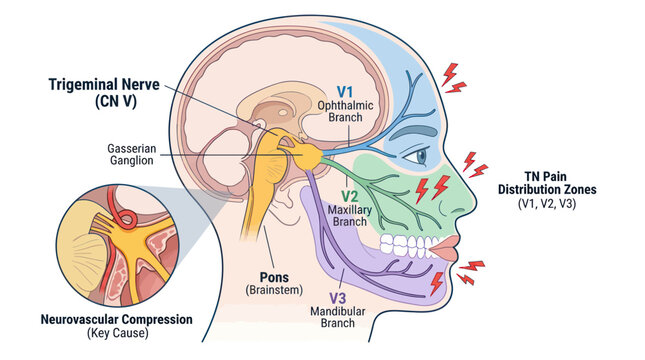 Trigeminal nerve anatomy and neuralgia pain distribution zones