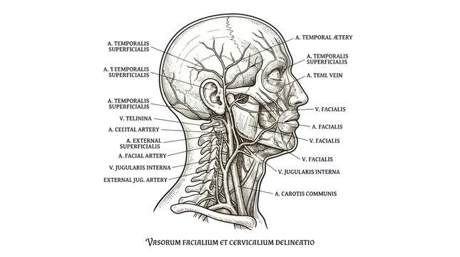 Human head and neck anatomy with arterial and venous systems