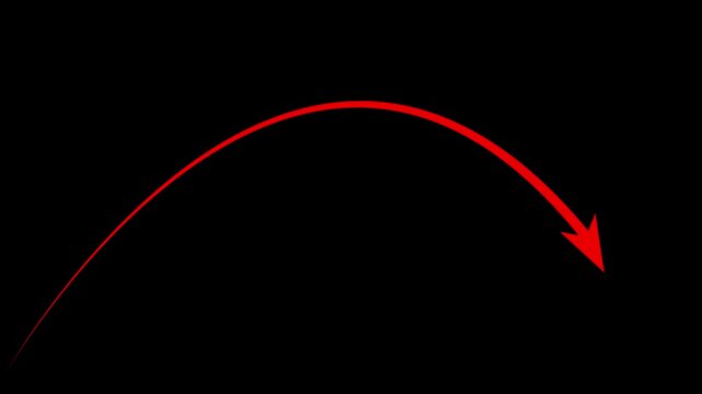 Red curved arrow animation pointing downward on black background, motion pointer direction