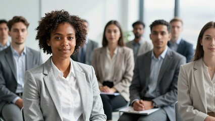 Obraz premium African American businesswoman in a grey blazer smiles at the camera during a corporate event with diverse attendees.