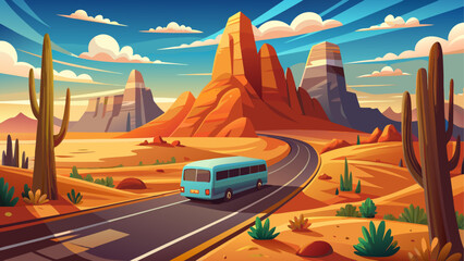 Cartoon desert landscape with bus on the road © Devili