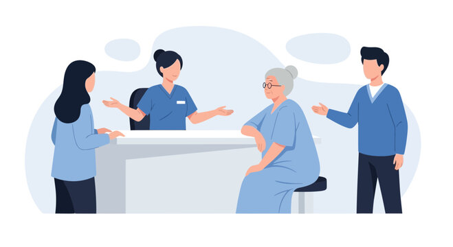 Healthcare reception, nurse assisting elderly patient & family at counter
