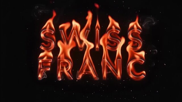 Swiss franc text glowing with intense orange flames and rising smoke in a dark conceptual motion animation scene representing extreme market volatility and financial instability for global currency tr