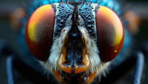 Extreme macro view of fly compound eyes and face. Insect detail shows tiny hairs and textured facets. This bug has bright orange eyes and blueish body.