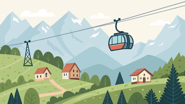 Mountain cable car system with ski village and snowy peaks mountain landscape adventure transportation vacation lifestyle illustration background panoramic recreation destination
