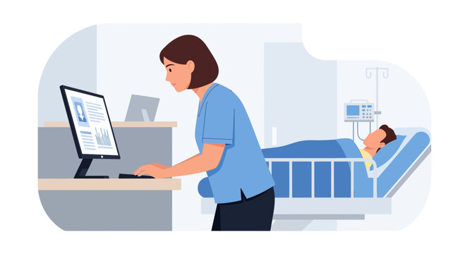 Nurse using computer at patient's bedside in hospital room, healthcare concept