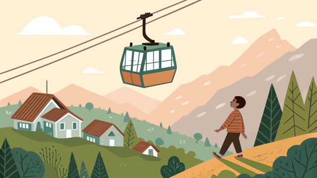Young person walking toward mountain ski resort cable car with mountain landscape adventure vacation lifestyle illustration background activity mountainous environment traveler