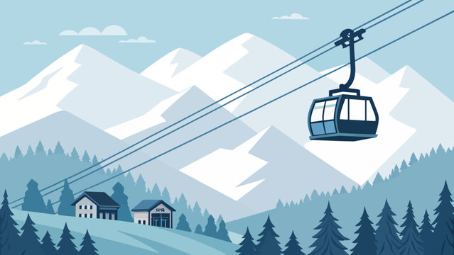 Cable car transport moving through snowy mountain landscape with mountain transportation landscape adventure mountains vacation transport seasonal recreation destination panoramic