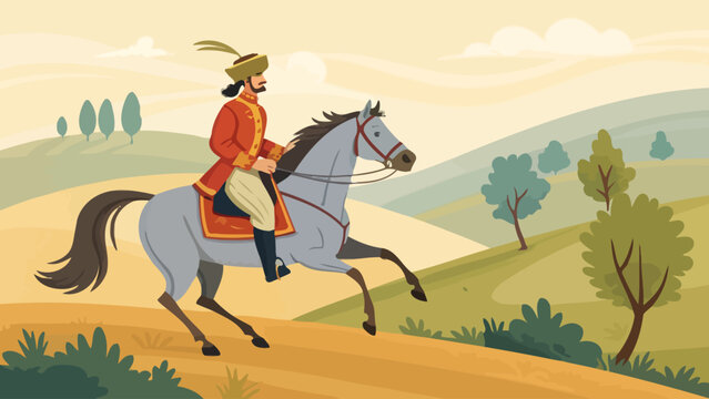 Historical cavalier riding horse through open countryside with cavalier equestrian historical military galloping landscape outdoors grassland countryside adventure heritage tradition