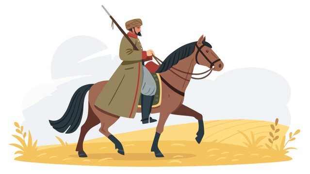 Cossack warrior riding horse with rifle in field equestrian military historical landscape grassland countryside adventure heritage tradition illustration uniformed outdoors movement