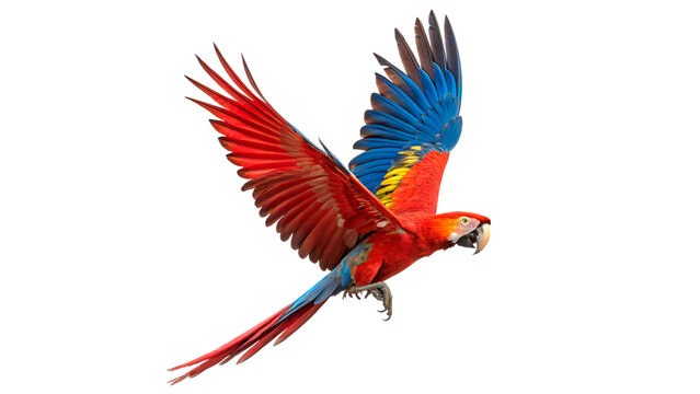 Beautiful vibrant colorful scarlet macaw parrot flying with open wings isolated on transparent background