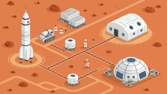 Astronauts working at mars exploration colony with spacecraft habitats and communication towers astronauts exploration research technology extraterrestrial astronomy landscape scientific