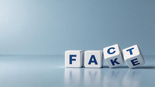 White cubes spelling fake fact words on blue background, misinformation disinformation concept, truth versus lie metaphor, social media news verification theme