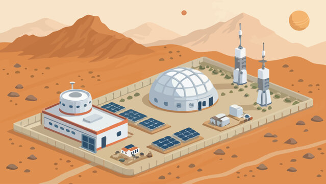 Isometric illustration of a scientific research base on mars with domes and solar panels exploration research technology settlement extraterrestrial landscape astrobiology engineering