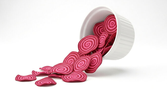 Sliced chioggia beets spilling out of a white ramekin isolated on white background