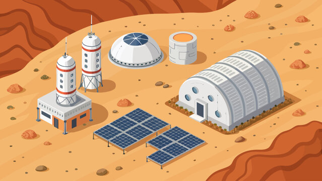 Isometric view of a mars colony research facility featuring solar arrays and habitat structures exploration technology research extraterrestrial engineering facility futuristic astronomy