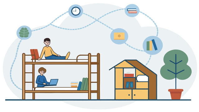Two children in a bunk bed doing schoolwork and activities in a cozy bedroom setting with children homework learning studying lifestyle education furniture childhood students activities