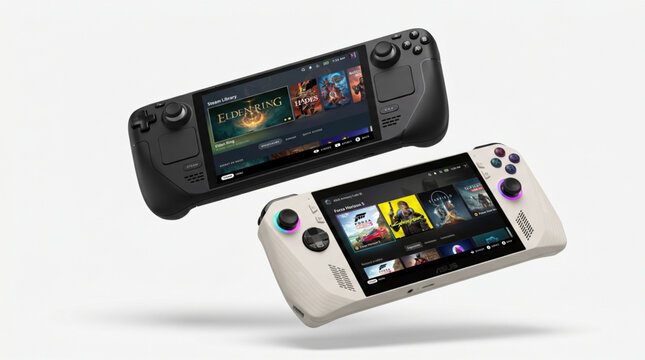 Steam Deck and ASUS ROG Ally handheld gaming consoles floating on white background. Displaying game library interfaces with Elden Ring and Forza Horizon 5. Professional product photography mockup.