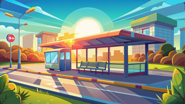 Cartoon bus stop with bright sun and buildings