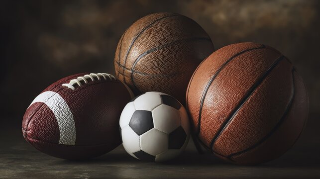 Various sports balls arranged on a surface.
