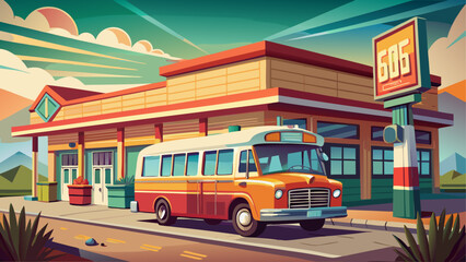 Retro bus parked near a vintage gas station © Devili