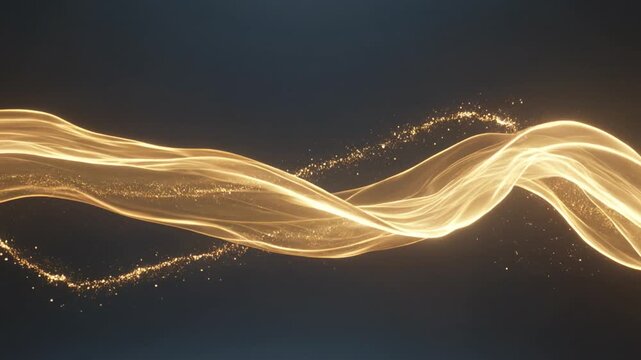 Flowing golden light waves with sparkling particles create a mesmerizing visual effect against a dark background, showcasing dynamic motion and fluidity in a captivating sequence
